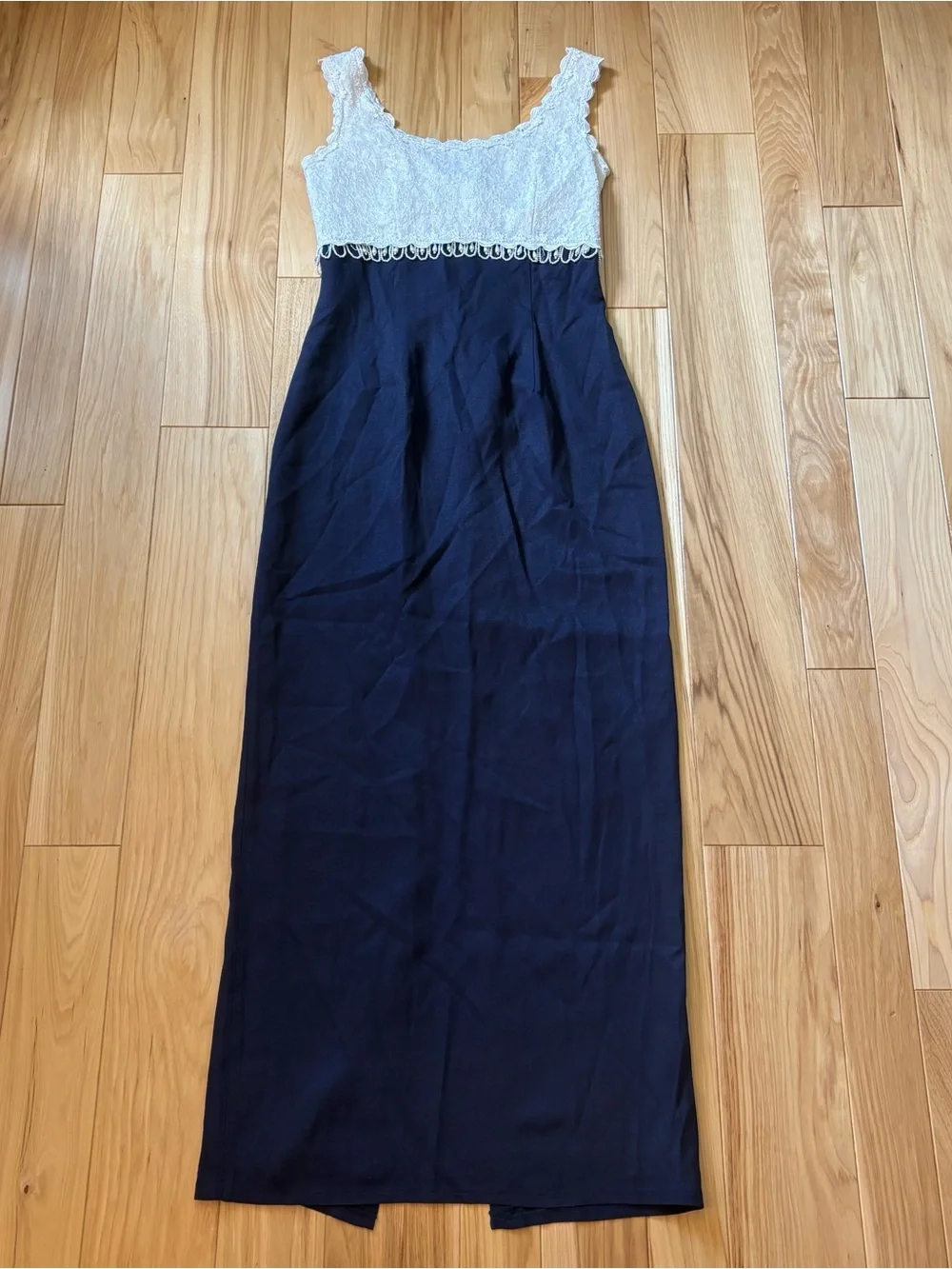 Vintage 90’s Loralie Original White Lace Bust Pearl Embellished Blue Maxi Dress